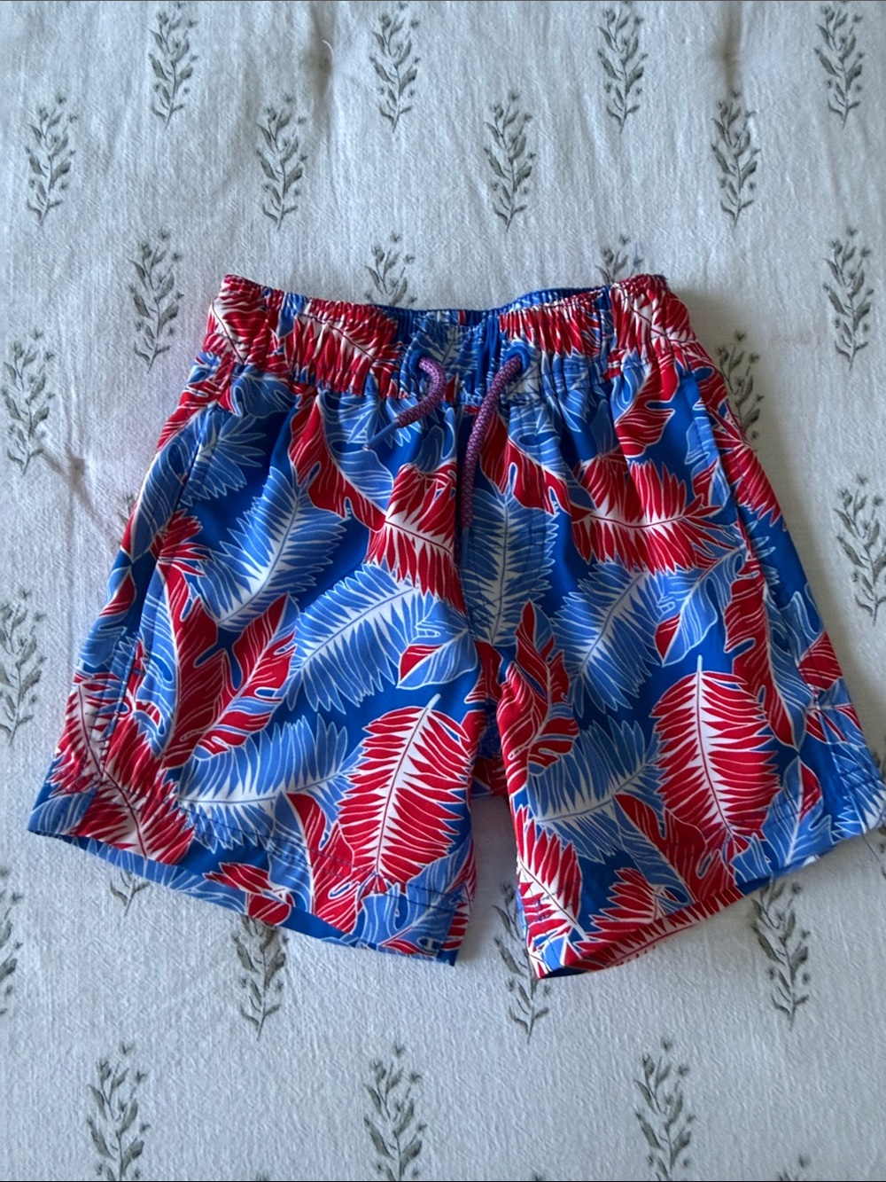 Kids' Blue & Red Tropical Swim Trunks with Drawstring